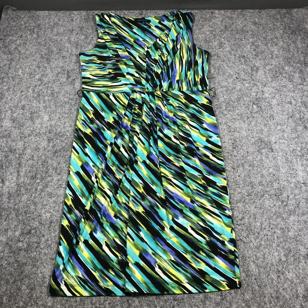 Evan Picone Dress Womens L Multicolor Stripe Pleated Sheath V Neck Jersey